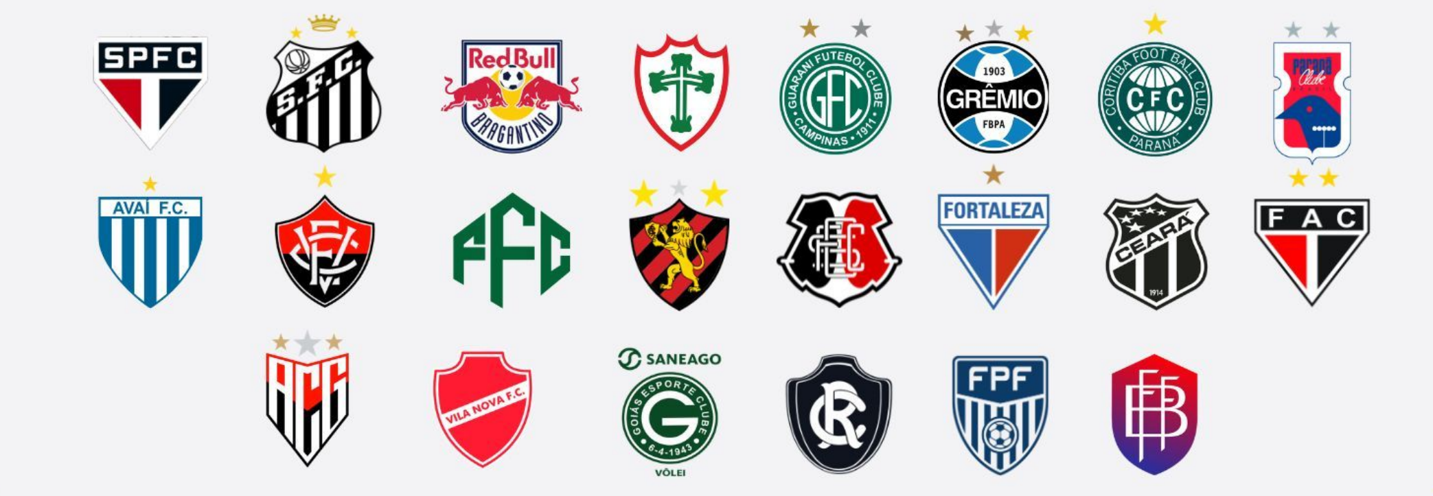 Club crests: São Paulo FC, Santos FC, Red Bull Bragantino, Portuguesa, Guarani, Grêmio, Coritiba, Paraná Clube, Avaí, Vitória, Floresta, Sport Recife, Santa Cruz, Fortaleza, Ceará, Ferroviário, Atlético Goianiense, Vila Nova, Goiás, Remo, Federação Paulista de Futebol and others